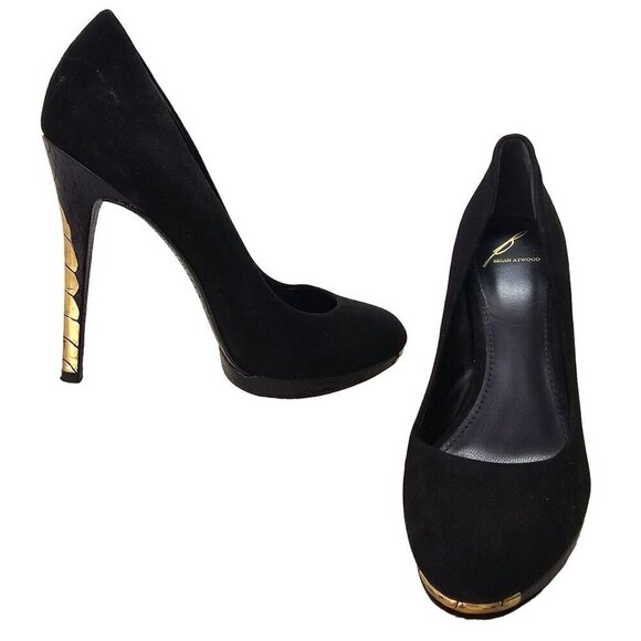 Brian Atwood Stiletto Black Suede Pump Sz 8 Gold Heel Pebble Leather Platform - Picture 1 of 14